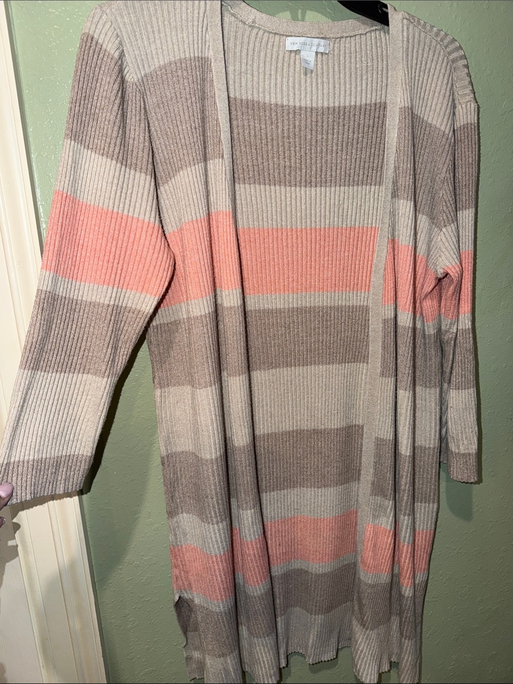 NY & Co, Striped Open-Front Long Cardigan Sweater in Pink and Taupe 3/4 sleeve